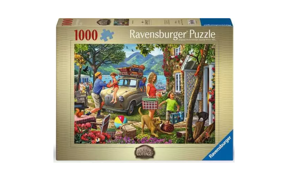 Holiday Cottage 1000 Piece Jigsaw Puzzle by Ravensburger depicting a family enjoying a summer day outdoors