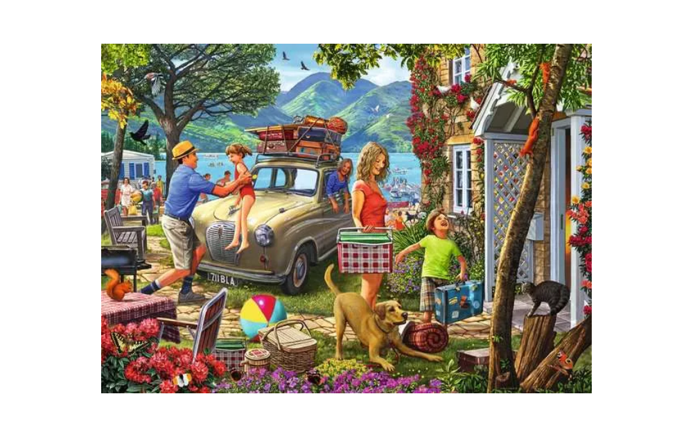 Holiday Cottage 1000 Piece Jigsaw Puzzle by Ravensburger featuring a vibrant holiday scene with family and pets