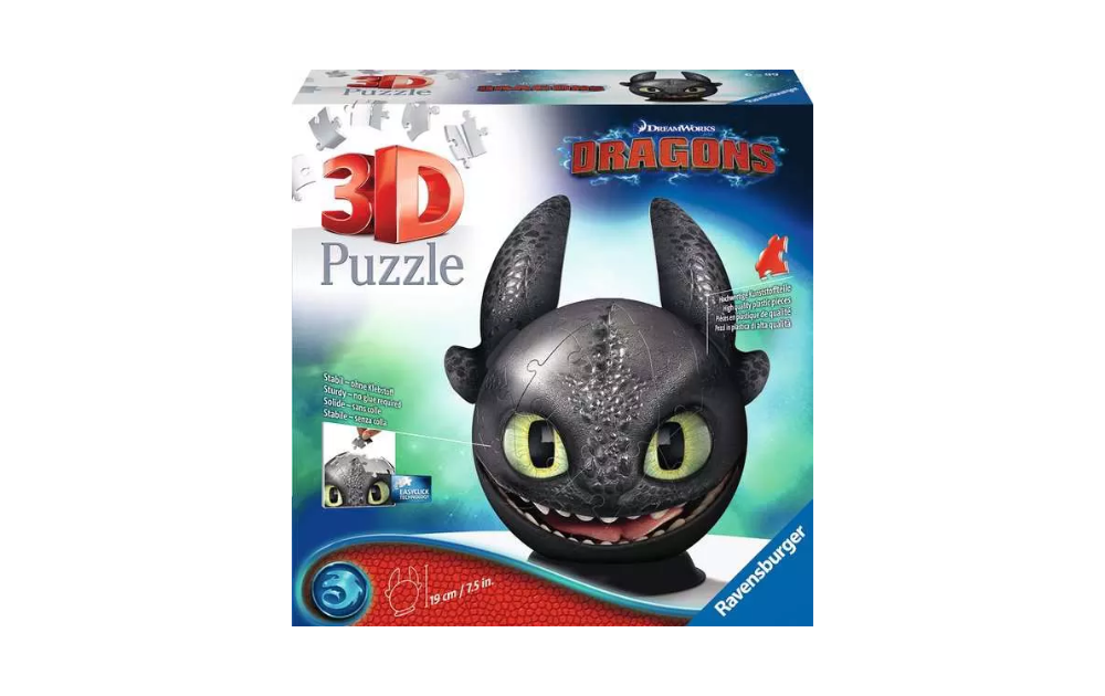 How to Train Your Dragon with Ears Globe 3D Puzzle by Ravensburger, featuring a 72-piece design