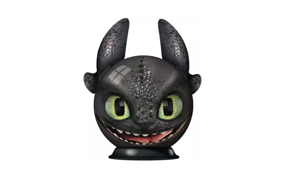 How to Train Your Dragon with Ears Globe 3D Puzzle by Ravensburger featuring a detailed dragon design, 108 pieces