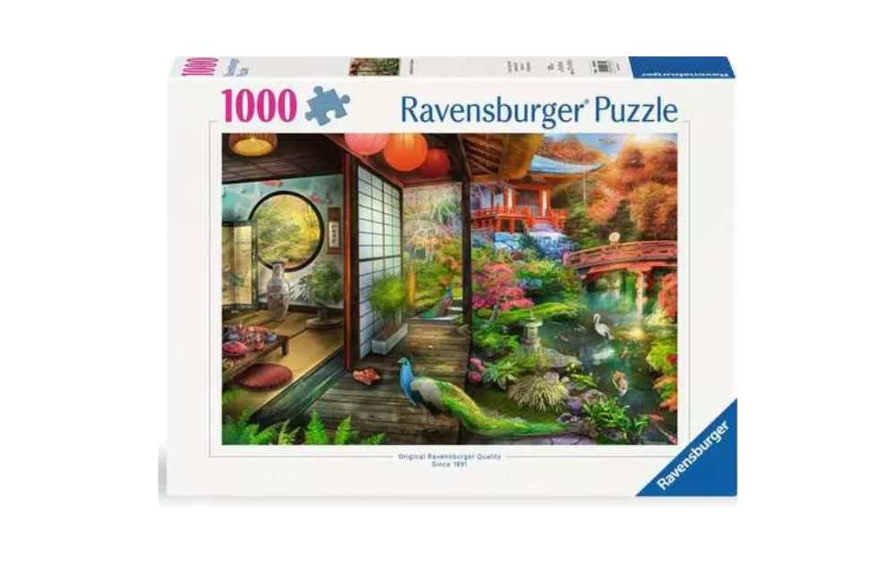 Ravensburger 1000 piece Japanese garden jigsaw puzzle showing open tea room koi pond bridge and peacocks