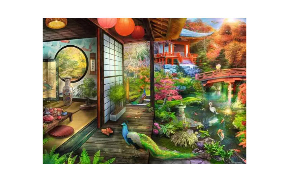 Ravensburger Japanese garden jigsaw puzzle showing vibrant temple porch with peacock pond swans red bridge