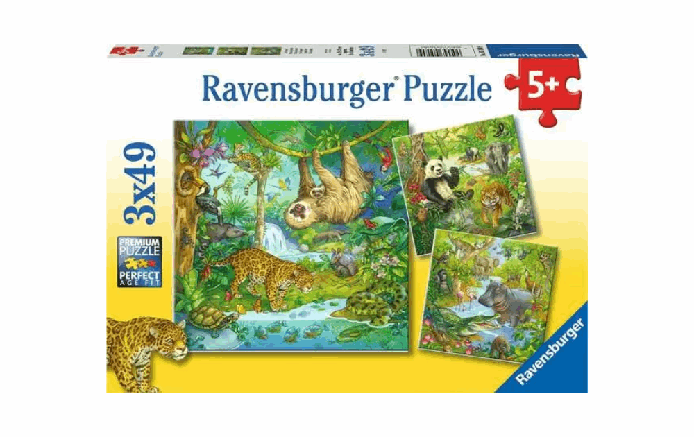 Ravensburger Jungle Fun puzzle featuring three colorful 49-piece animal scenes for children aged 5 and up