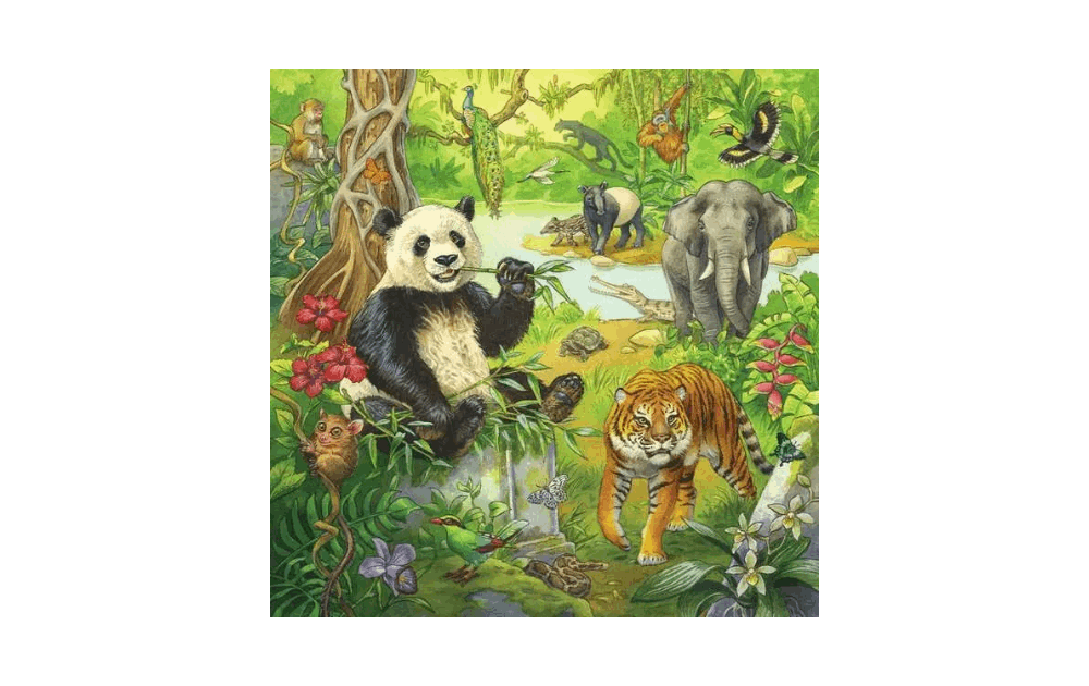 Ravensburger Jungle Fun puzzle featuring a panda, elephant, and tiger in a vibrant rainforest scene