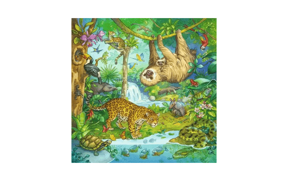 Ravensburger Jungle Fun puzzle featuring colorful animals in a lush jungle setting