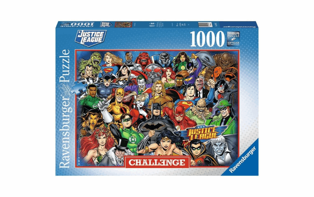 DC Comics Justice League 1000 piece puzzle by Ravensburger featuring iconic superheroes and villains