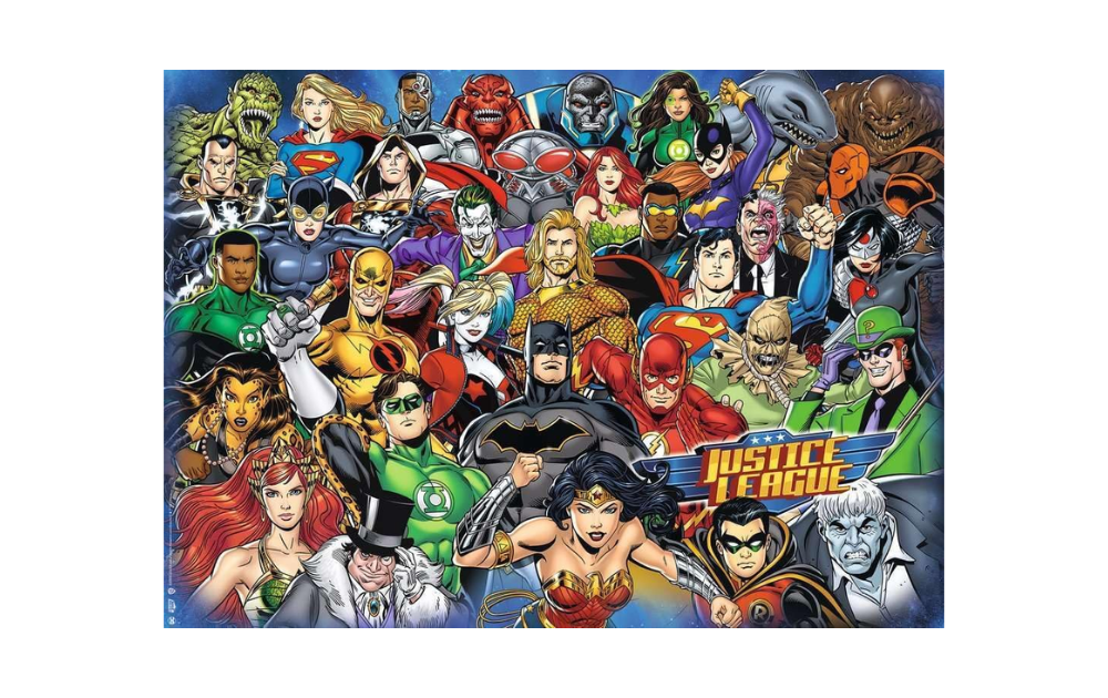 DC Comics Justice League 1000 piece puzzle featuring iconic superheroes in vibrant colors by Ravensburger