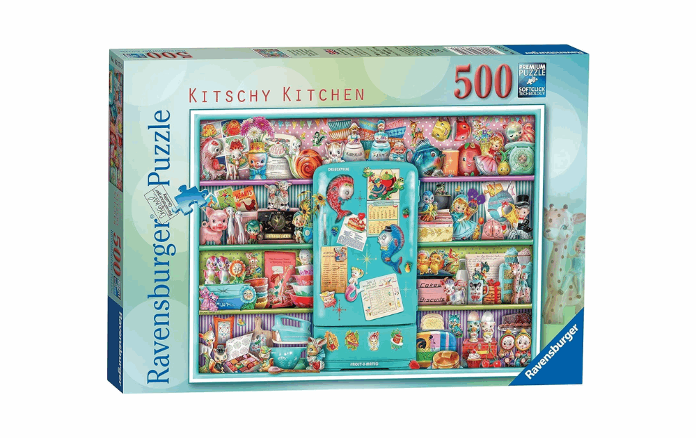 Ravensburger Kitschy Kitchen puzzle featuring a colorful vintage kitchen scene with 500 pieces