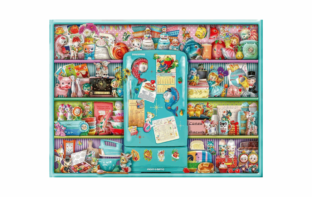 Ravensburger Kitschy Kitchen puzzle featuring a colorful retro kitchen with vibrant decor and fun details