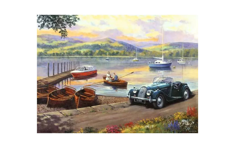 Ravensburger Lake District puzzle featuring a scenic lake view with vintage cars and rowboats