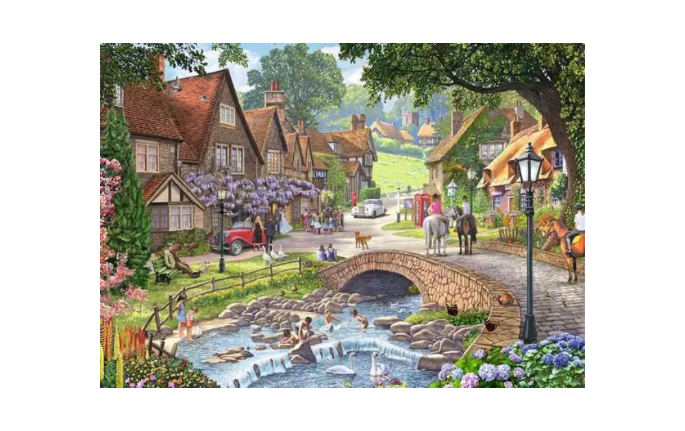 Leisure Days 13 - Lazy Days by the Stream 1000 Piece Jigsaw Puzzle by Ravensburger featuring a tranquil village scene