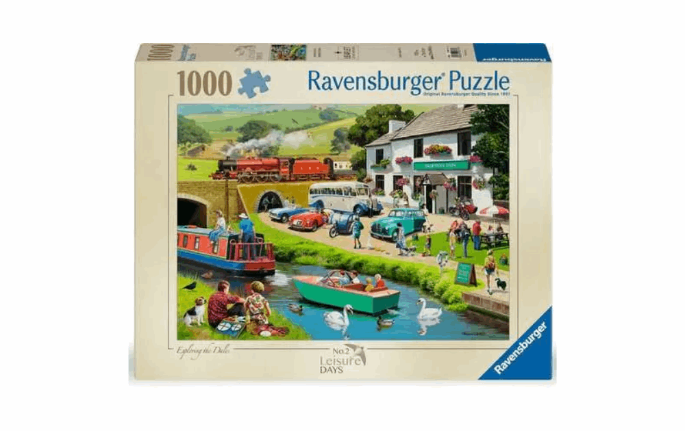 Ravensburger Leisure Days puzzle featuring a scenic village with boats and trains, 1000 pieces