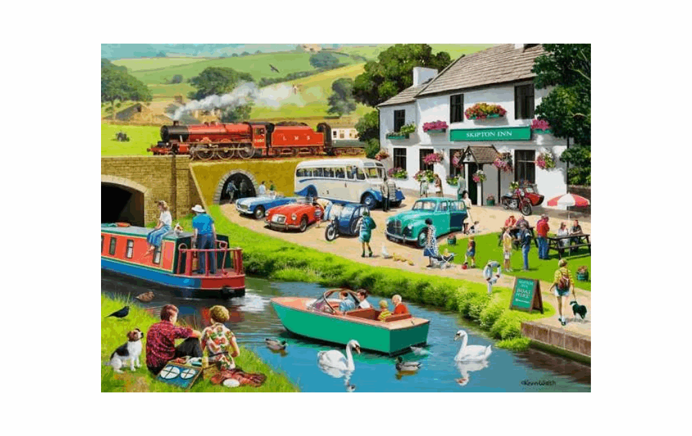 Ravensburger Leisure Days puzzle depicting a vibrant countryside scene with a train, canal boats, and people enjoying leisure time