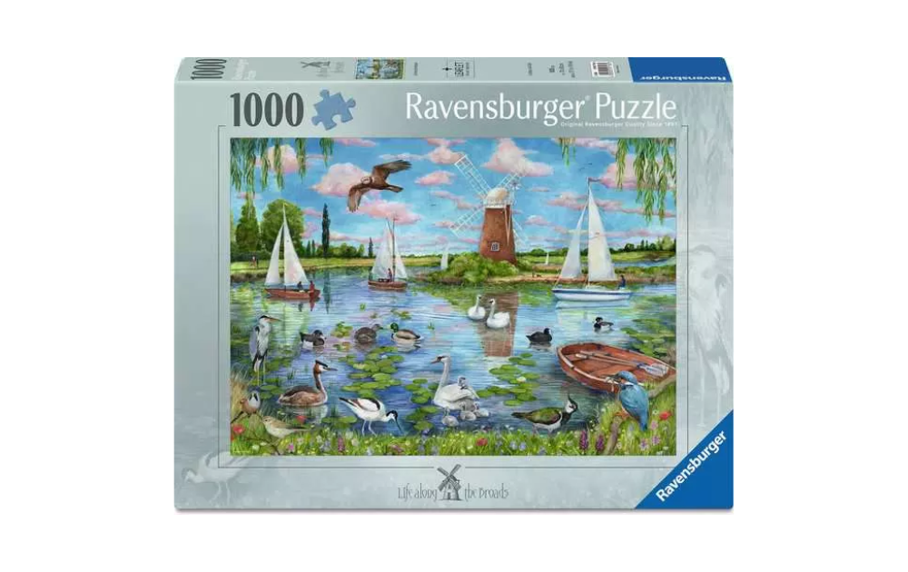 Life Along The Broads 1000 Piece Jigsaw Puzzle by Ravensburger featuring a scenic landscape with boats and wildlife