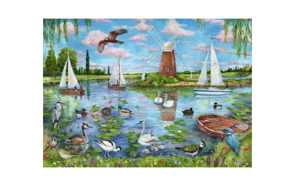 Life Along The Broads 1000 Piece Jigsaw Puzzle by Ravensburger featuring a tranquil riverside scene with wildlife