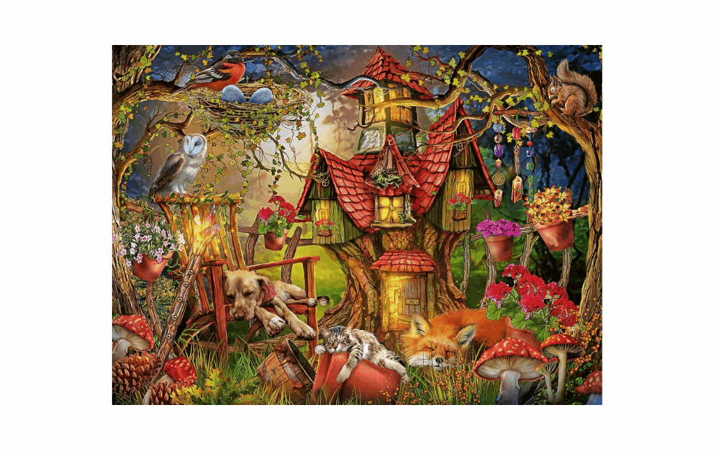 Ravensburger Little Cottage Puzzle featuring playful animals and a whimsical cottage in a vibrant nature scene