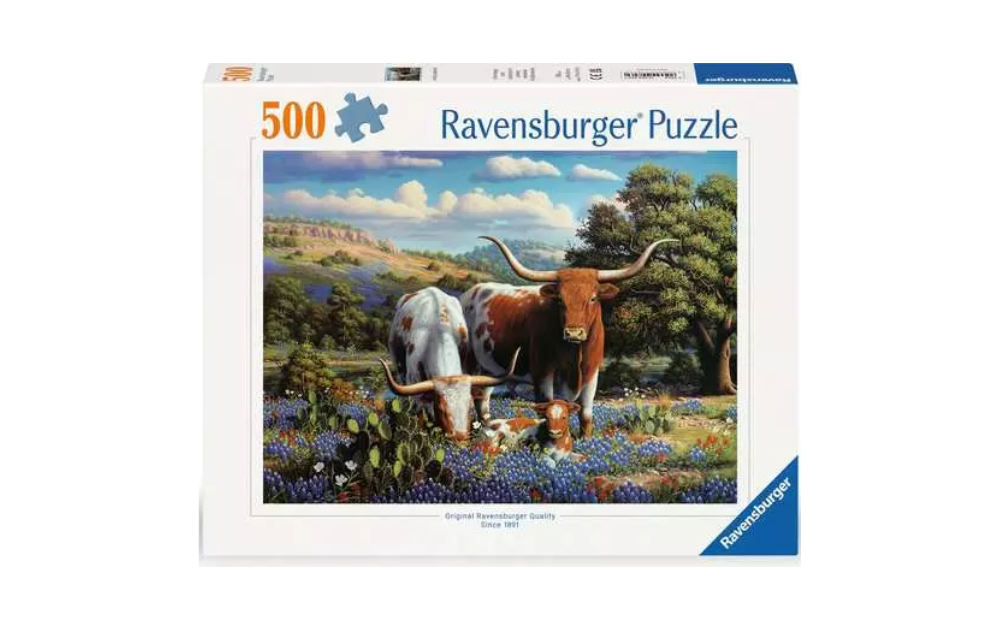 Loving Longhorns 500 Piece Jigsaw Puzzle by Ravensburger featuring two longhorn cattle in a vibrant landscape