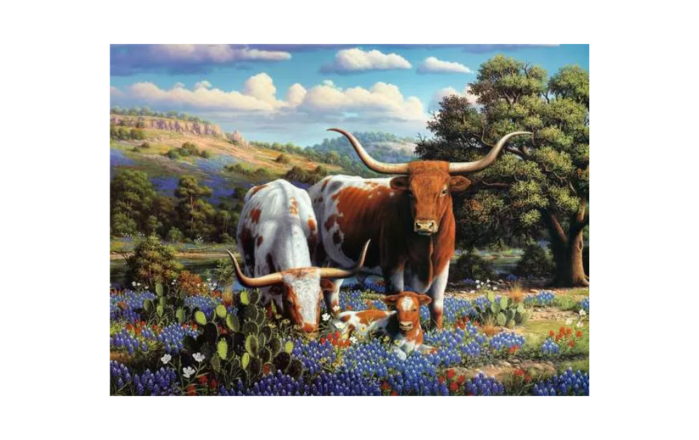 Loving Longhorns 500 Piece Jigsaw Puzzle by Ravensburger featuring two longhorn cows in a colourful landscape