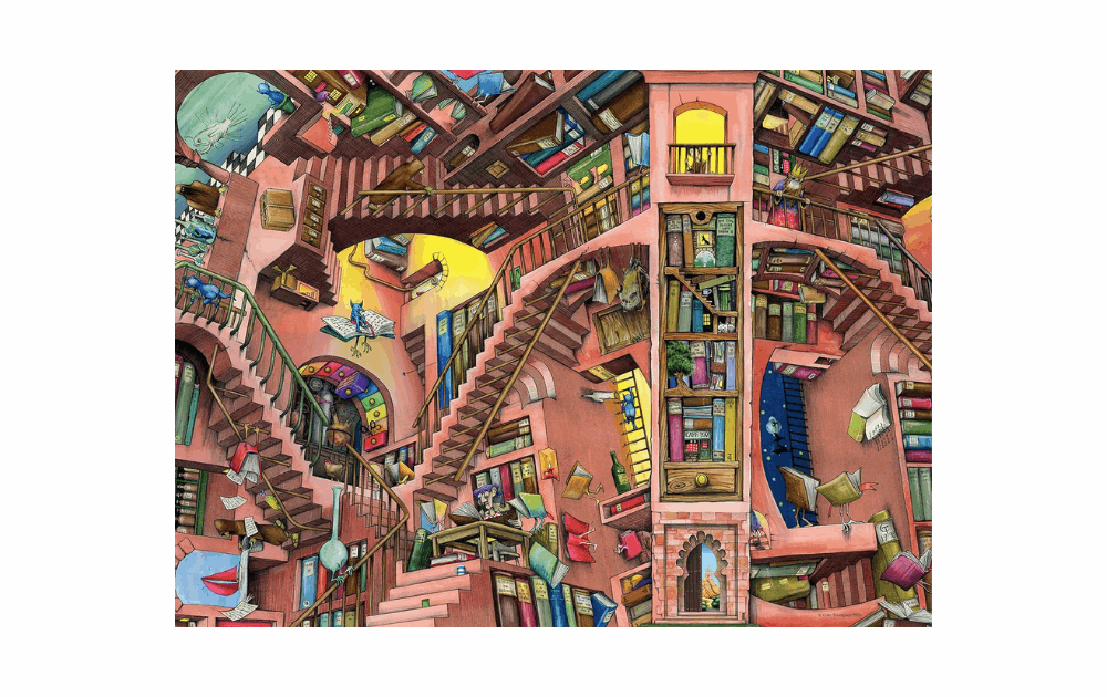 Ravensburger Ludicrous Library puzzle featuring a whimsical, multi-level library scene with vibrant colors