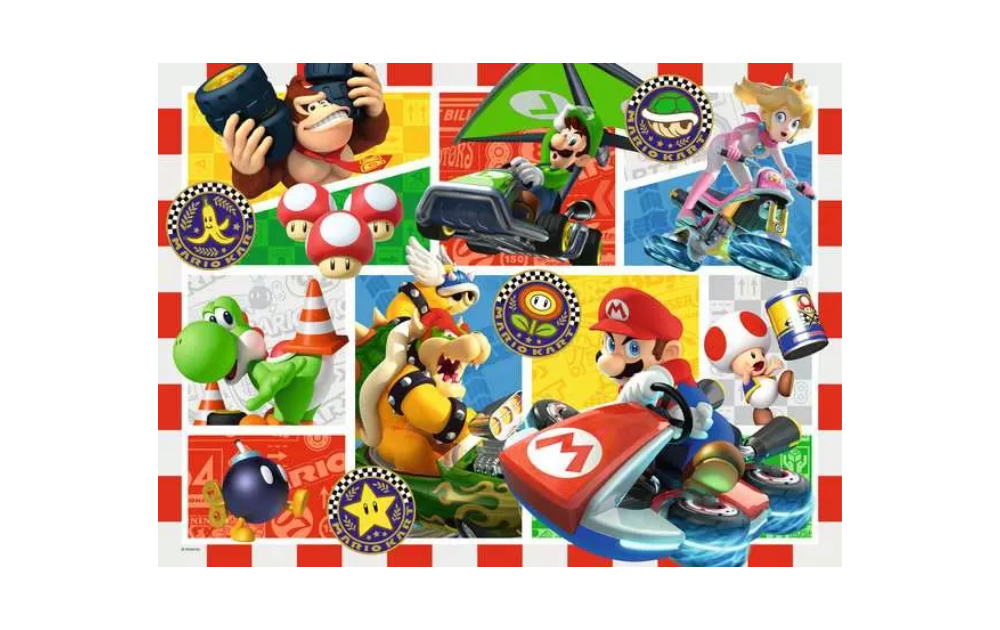 Mario Kart jigsaw puzzle by Ravensburger featuring colourful racing collage with Mario Bowser Peach Yoshi and Donkey Kong