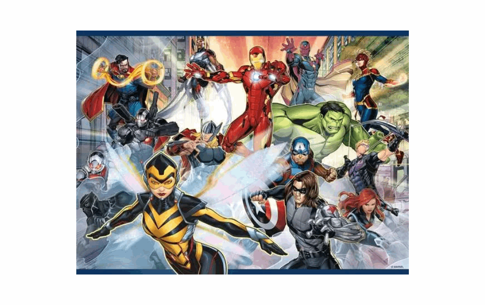 Marvel Ravensburger 100 piece jigsaw puzzle featuring iconic superheroes in an action-packed scene