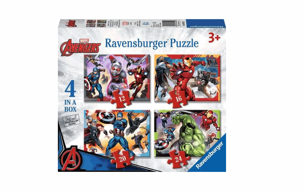 Ravensburger Children's Marvel Avengers jigsaw puzzle set featuring four colorful designs suitable for ages 3 and up