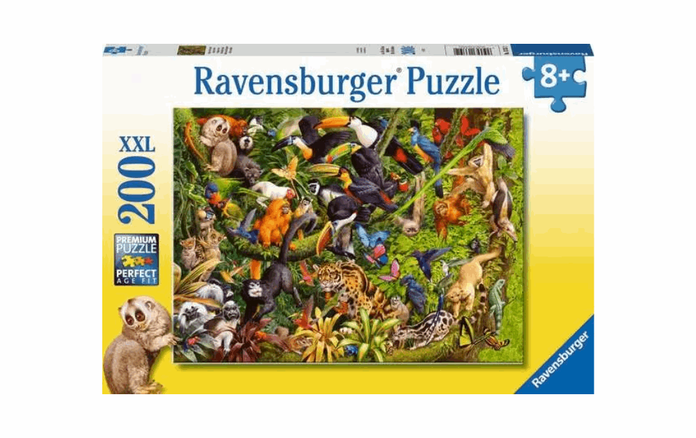 Ravensburger Children's Marvellous Menagerie jigsaw for kids featuring colorful animals in a lush jungle scene