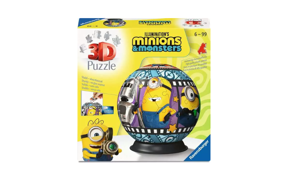 Minions & Monsters Globe 3D Puzzle by Ravensburger, featuring vibrant characters and 60 pieces for all ages.