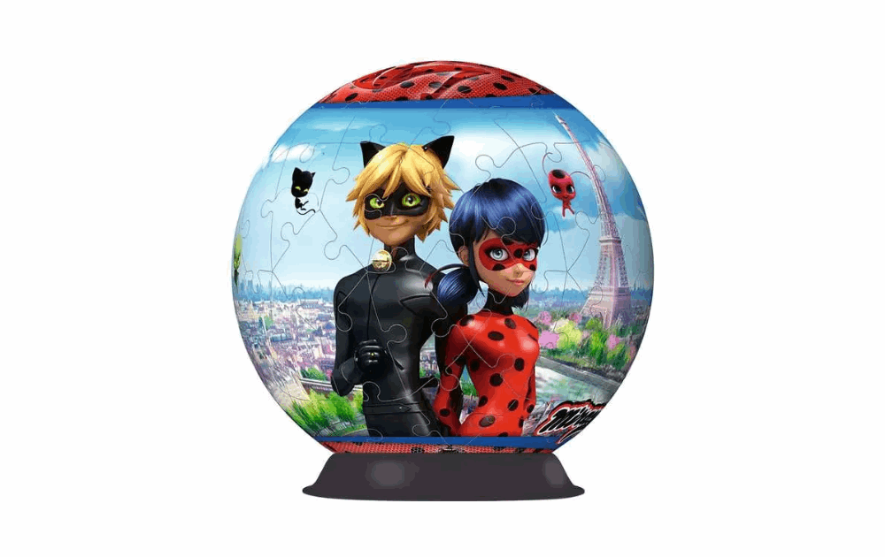 Ravensburger Miraculous puzzle in 3D featuring Ladybug and Chat Noir against a Paris backdrop