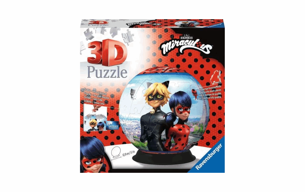 Ravensburger Miraculous puzzle 3D globe featuring Ladybug and Cat Noir for creative fun