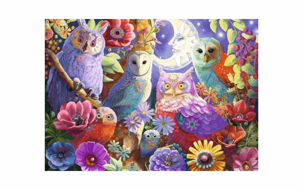 Ravensburger night owl puzzle featuring colorful owls and vibrant flowers under a moonlit sky