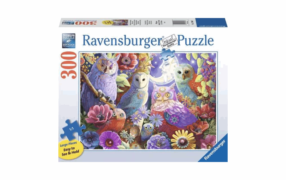 Ravensburger night owl puzzle featuring colorful owls surrounded by vibrant flowers and a moonlit background
