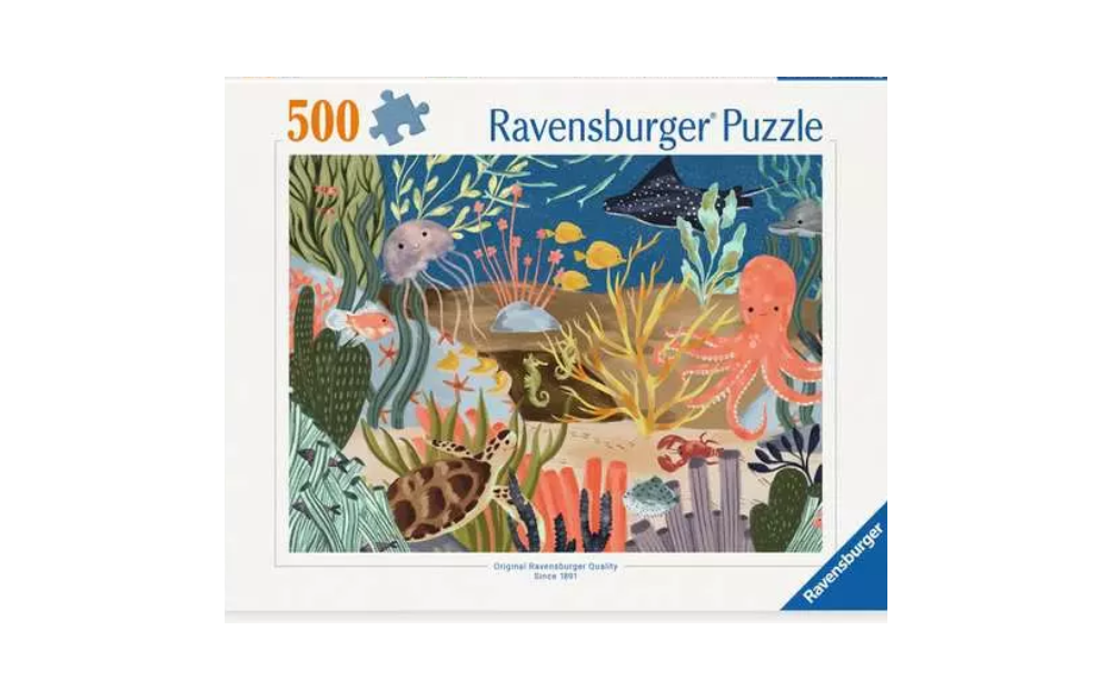Ocean Whimsey 500 Piece Jigsaw Puzzle by Ravensburger featuring vibrant underwater scene with sea creatures