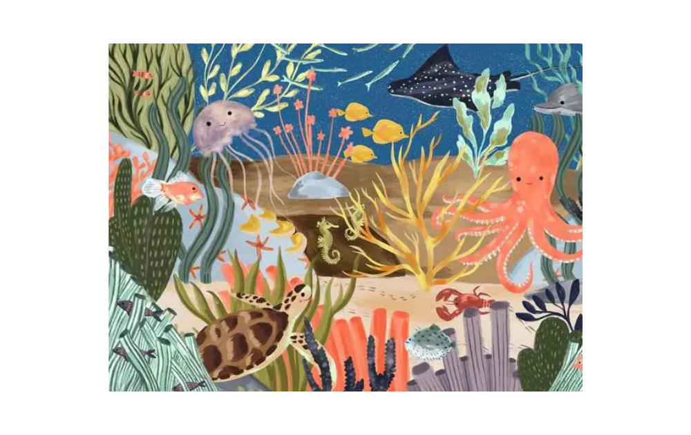 Ocean Whimsey 500 Piece Jigsaw Puzzle by Ravensburger featuring a vibrant underwater scene with sea creatures