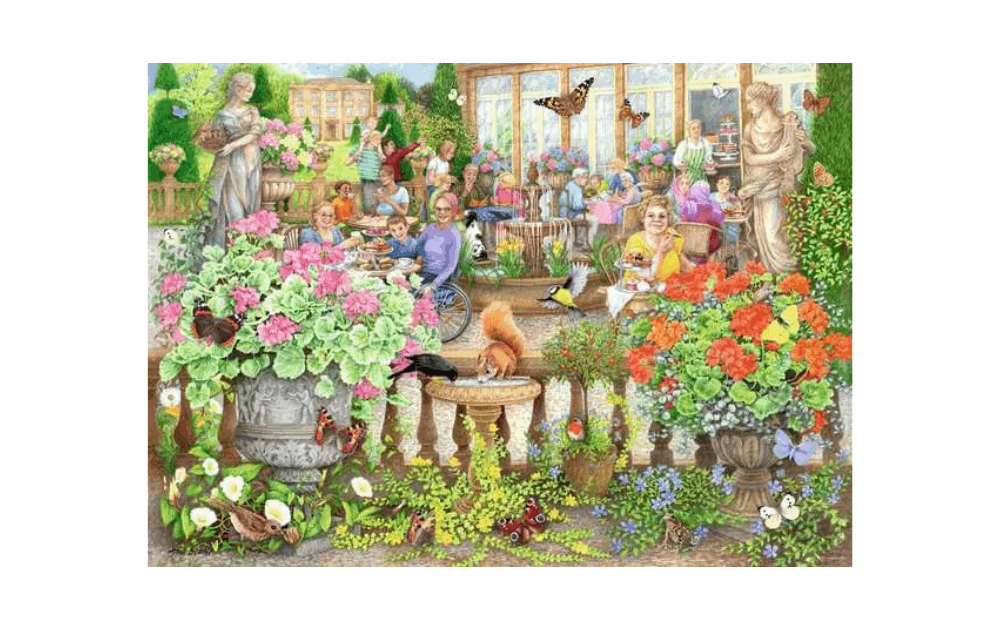 Ravensburger Orangery puzzle featuring a vibrant garden scene with flowers, animals, and people enjoying tea