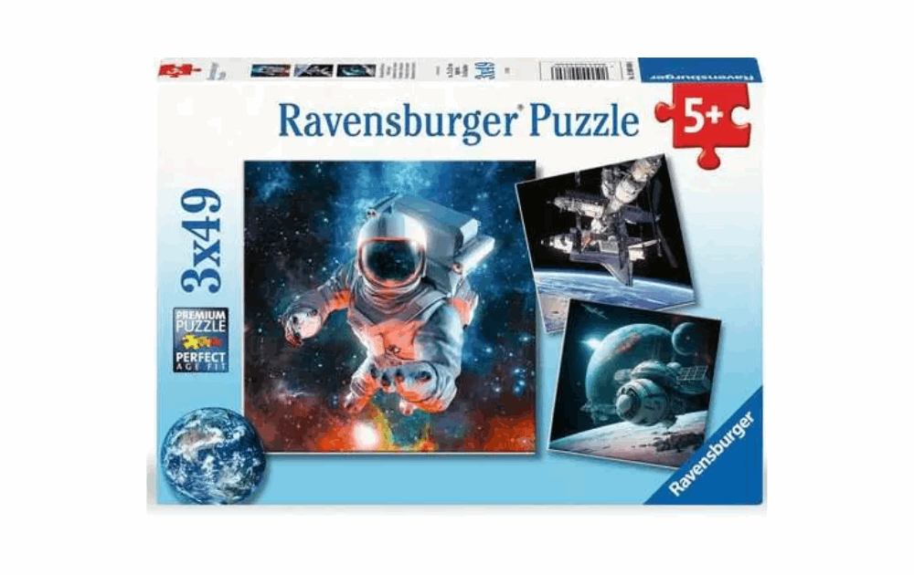 Ravensburger Outer Space puzzles for kids featuring three 49-piece jigsaw designs with astronauts and planets