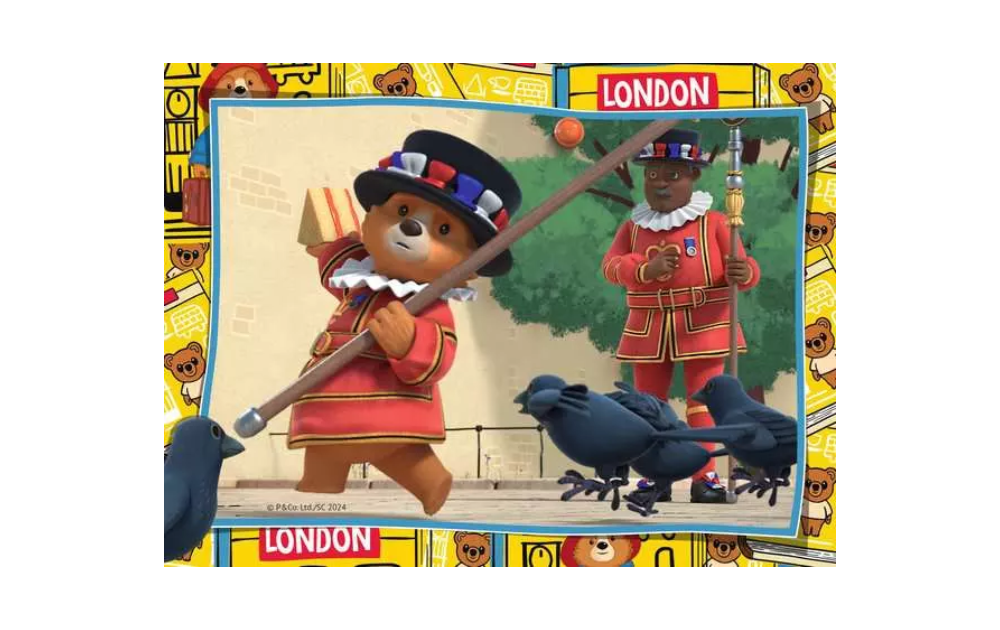 Ravensburger Childrens Paddington Bear jigsaw puzzles featuring Paddington in red ceremonial coat with crows and London signs
