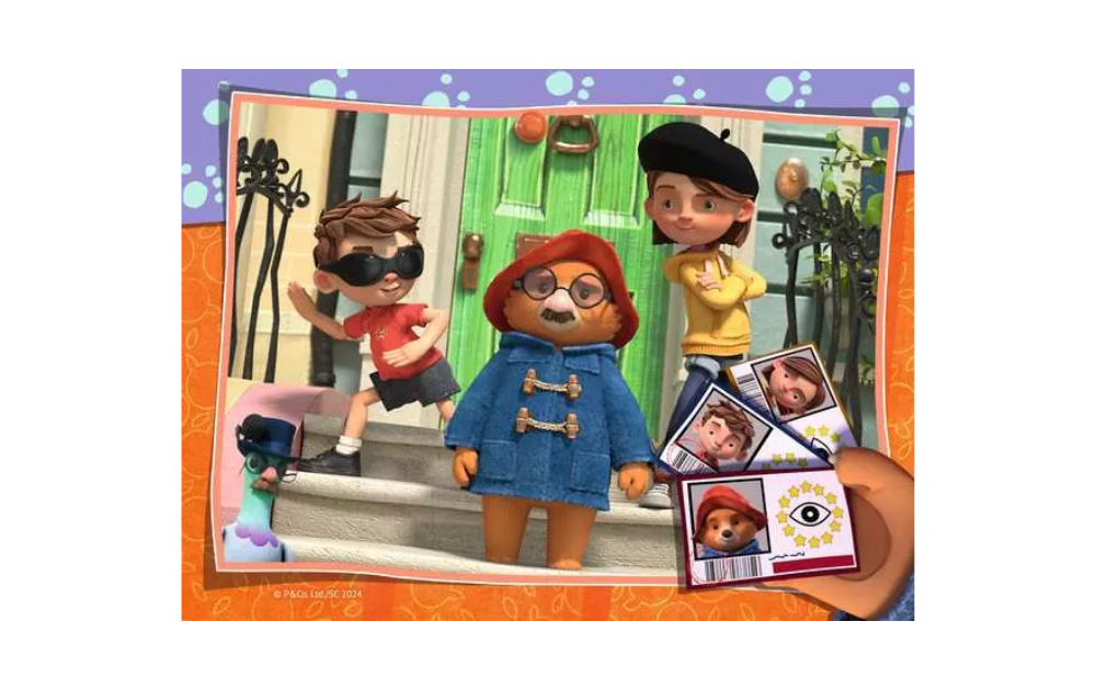 Ravensburger Childrens Paddington Bear jigsaw puzzles showing Paddington in blue duffle coat and red hat on doorstep with children