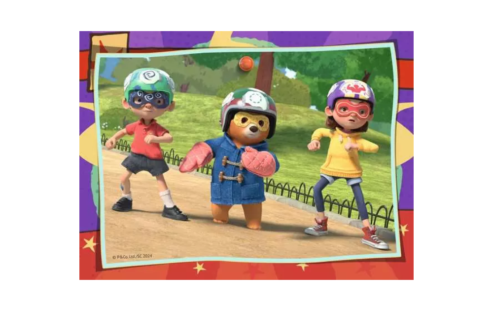 Ravensburger Children Paddington Bear jigsaw puzzles showing Paddington in blue coat and two children skating in park