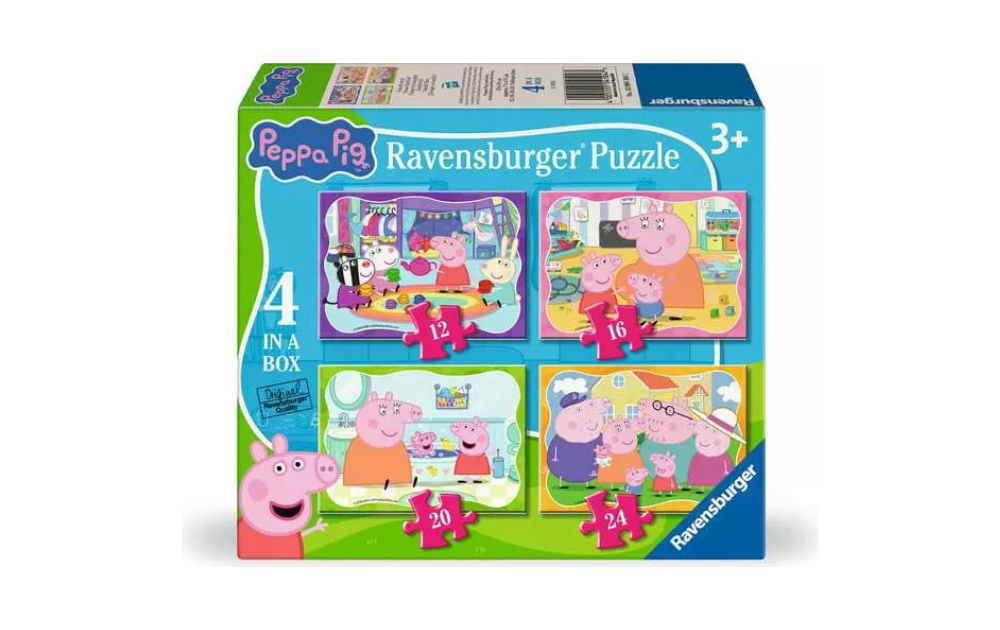Ravensburger Peppa Pig puzzles for kids in a box featuring four different designs for ages 3 and up