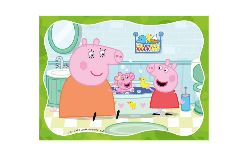 Ravensburger Peppa Pig puzzles for kids featuring Peppa, her family, and a fun bath scene