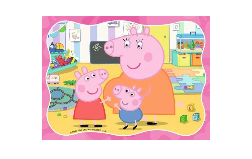 Ravensburger Peppa Pig puzzles for kids featuring Peppa and her family in a vibrant playroom setting