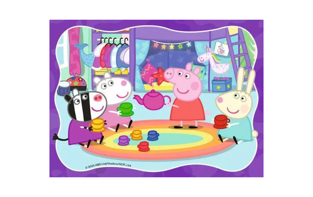 Ravensburger Peppa Pig puzzles for kids featuring Peppa and friends playing together in a colourful room
