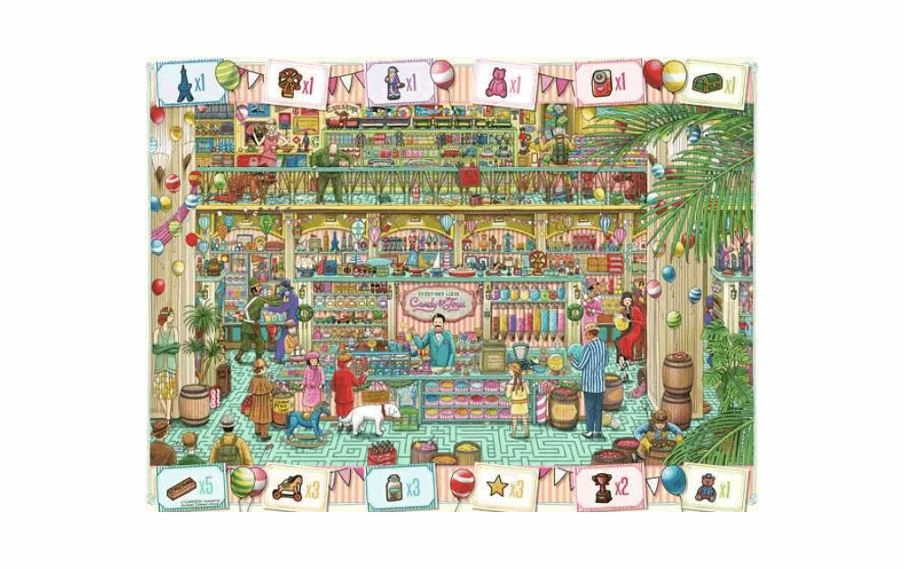 Ravensburger Pierre the Maze Detective Puzzle featuring a colorful toy shop scene with various characters and items