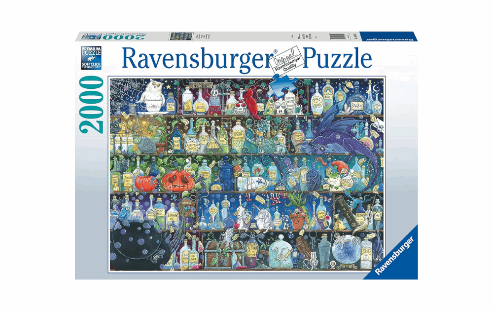 Ravensburger Poisons and Potions puzzle featuring 2000 colorful bottles and a spooky theme