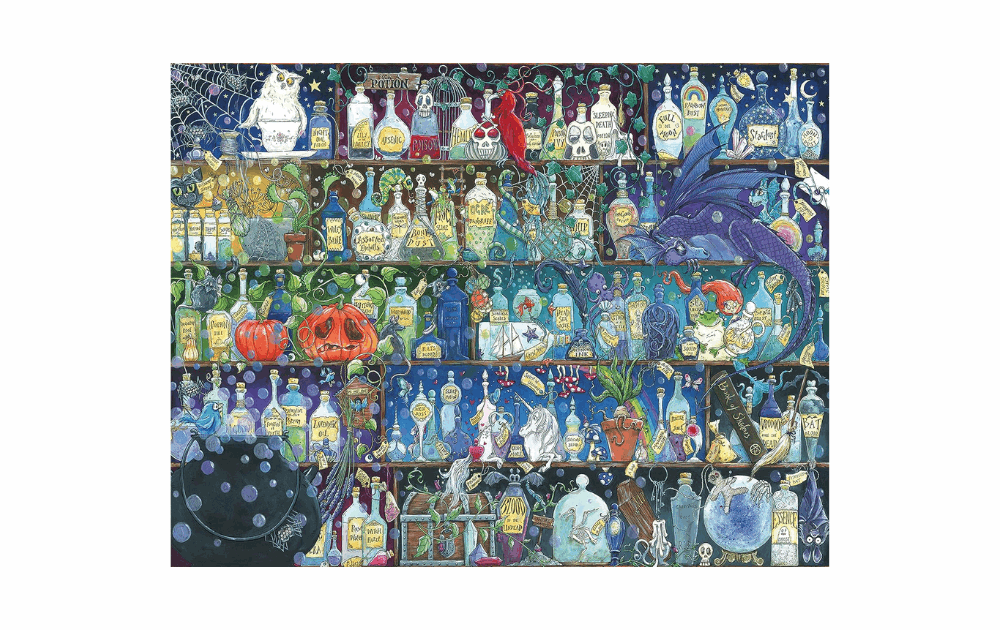 Ravensburger Poisons and Potions puzzle featuring colorful apothecary bottles on a detailed shelf