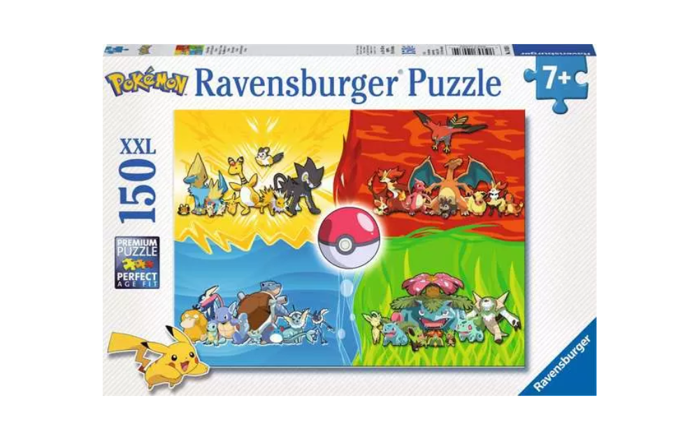 Ravensburger Childrens Pokemon 150 piece jigsaw puzzle box showing Pikachu and four colourful Pokemon scenes age 7 years