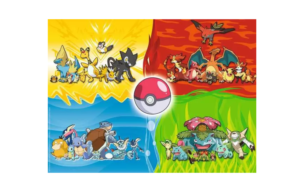 Ravensburger Pokemon 150 piece jigsaw puzzle showing four colourful elemental quadrants with grouped Pokemon and central Pokeball