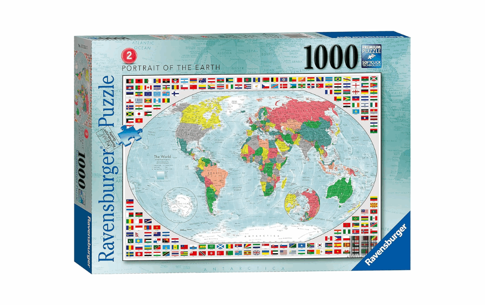 Ravensburger 1000 Piece Portrait of the Earth Puzzle featuring a detailed world map and flags