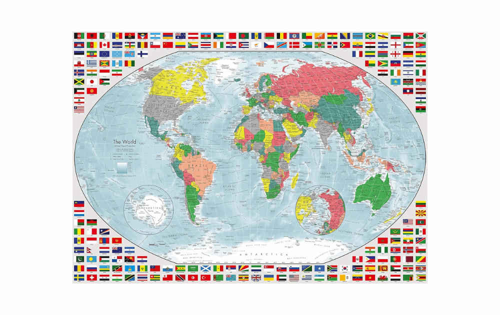 Ravensburger Portrait of the Earth puzzle featuring a colorful world map and country flags